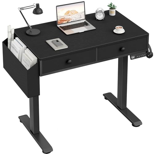 KLUVIS Electric Standing Desk with Drawers - 32 Inch Small Black Height Adjustable Sit Stand Desk with Storage for Home Office Bedroom, Study Writing Compact Stand up Computer Desks for Boys Girl Work - color: Black, size: 31.5''