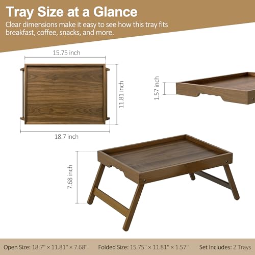 Breakfast Tray with Folding Legs Set of 2, Bamboo Bed Tray Table 15.7" Foldable TV Dinner Tray with Ergonomic Wave Handles for Bed Couch Sofa, Breakfast, Snacks, Coffee, Walnut - color: Walnut, size: Medium