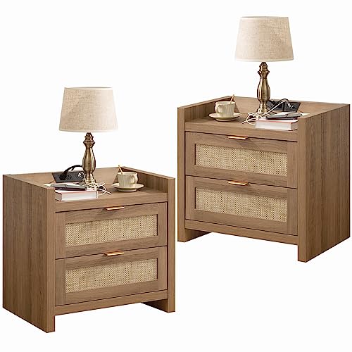 SICOTAS Bed Night Stand Set of 2 - Rattan Nightstands with Type-C Charging Station, 2 Storage Drawers - Boho Bedside Tables End Table for Small Space - Natural Oak - color: Oak(2 Drawers), size: 2 Pieces