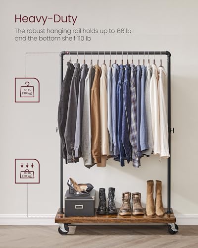 VASAGLE Clothes Rack, Heavy Duty Clothing Rack, Industrial Pipe Style Rolling Garment Rack with Shelf, for Bedroom, Laundry Room, Retail Store, Rustic Brown and Black UHSR65BX