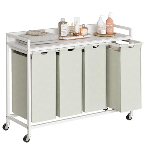 Herture Laundry Hamper with Shelf, Laundry Basket 4 Section, Laundry Sorter with Pull-Out Removable Large Bags and Movable Wheels, Metal Frame, 4 x 15.87 Gallons (60L), White PF07XLW - color: White, size: 4 Bags-240 L