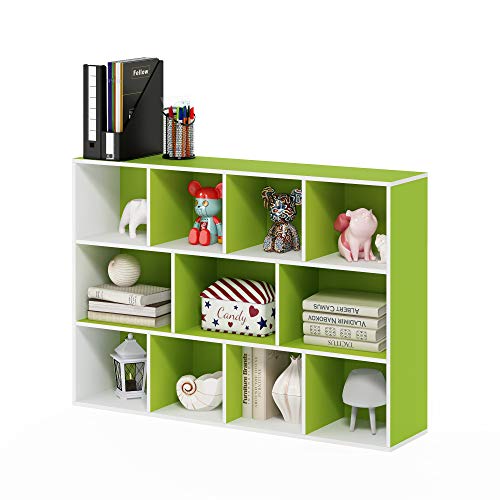 Furinno LUDER Book Shelf, 11-Cube Bookshelf, Reversible Bookcase, 9.4 x 29.1 x 41.7, Easy Assembly, for Living Room, Bedroom, Home Office, White/Green - color: White/Green, size: 11-Cube