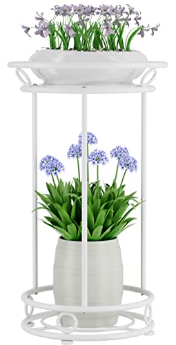 YIUKEA Plant Stand Indoor Outdoor 25.6 Inch Tall 2 Tiered Heavy Duty Metal | Rustproof Planter Shelf Fits 12" pots, 20-30lb Tier Display Organizer Rack for Garden Patio Living Room Bathroom Office,White - color: White