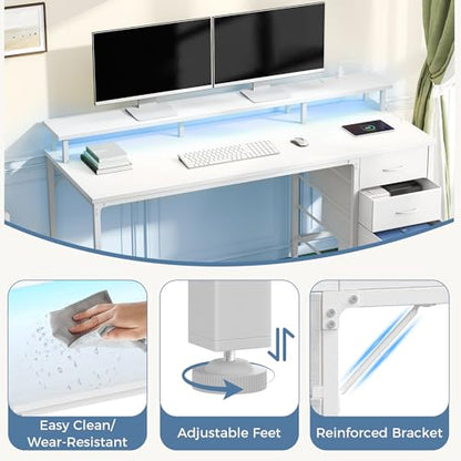 DUMOS 47-Inch Gaming Desk with Power Outlets and LED Lights, White | Computer Desk with 4 Storage Drawers, Home Office Desk with Monitor Stand, Small Desk for Bedroom Study - size: 47-In