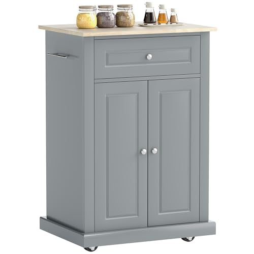 HOMCOM Rolling Kitchen Island Cart, Portable Serving Trolley Table with Drawer, Adjustable Shelf and 2 Towel Racks, Grey - color: Grey