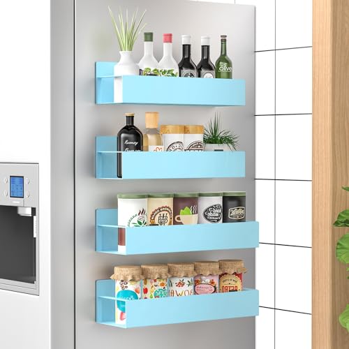 Metal Magnetic Spice Rack for Refrigerator Blue, 4 Pack | Magnetic Shelves Heavy Duty for Fridge in Kitchen, Seasoning Storage Organizer, For Oven Washer and Dryer, For Heavier Items - color: Blue, size: 4 Pack