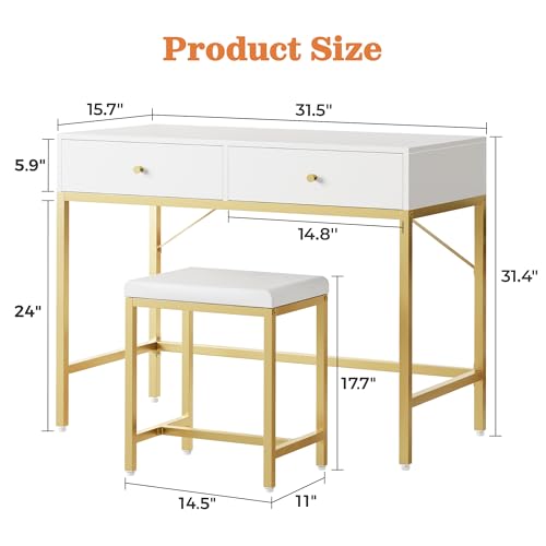 SUPERJARE 31.5" White and Gold Desk with 2 Drawers, Modern Makeup Vanity | Vanity with Padded Stool, Small Computer Desk Home Office Desk for Writing Study Bedroom - color: Gold and White, size: 31.5 inch
