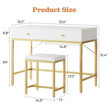 SUPERJARE 31.5" White and Gold Desk with 2 Drawers, Modern Makeup Vanity | Vanity with Padded Stool, Small Computer Desk Home Office Desk for Writing Study Bedroom - color: Gold and White, size: 31.5 inch