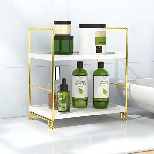 2-Tier Bathroom Countertop Organizer Perfume Organizer Makeup Shelf Bedroom Storage Tray or Kitchen Spice Rack (Gold) - color: White + Gold