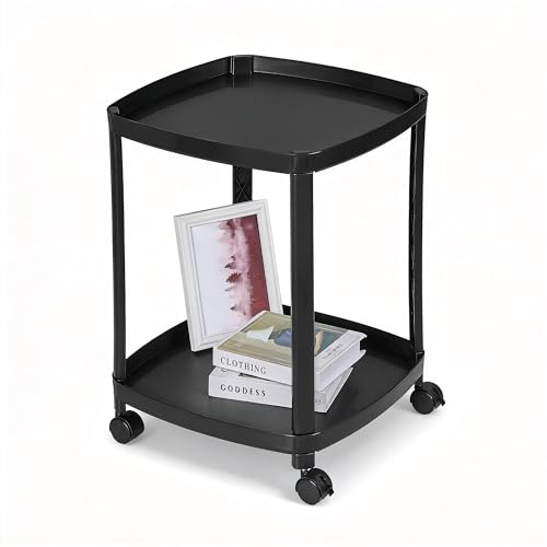 VECELO Rolling End Side Table with Lockable Wheels, 2‑Tier Plastic Mobile Sofa Side Table, Small Nightstand Storage Cart for Living Room Bedroom Bathroom, 1 PCS, Black - color: Black, size: 1 PCS