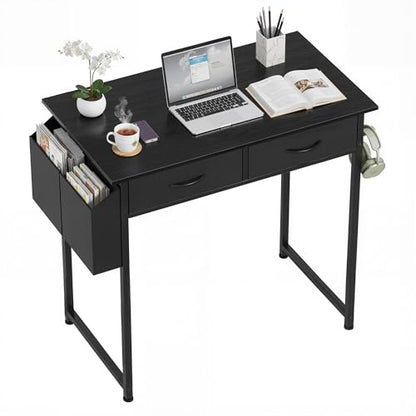 OLIXIS 32 Inch Small Desk, Computer Desk, Home Office | Fabric Drawers, Side Bag, Headphone Hook, Writing Study Work Table, Bedroom, Sleek Black - color: Sleek Black, size: 32 in