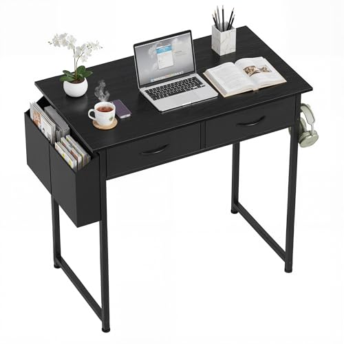 OLIXIS 32 Inch Small Desk, Computer Desk, Home Office | Fabric Drawers, Side Bag, Headphone Hook, Writing Study Work Table, Bedroom, Sleek Black - color: Sleek Black, size: 32 in