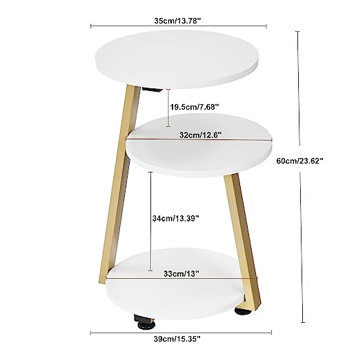 BEWISHOME Round End Table Side Table, White Gold, KTZ41M | Metal Frame, 3-Tier Shelves, Accent Bedside Table Nightstand, Small Couch Table - color: White, size: without PowerOutlet