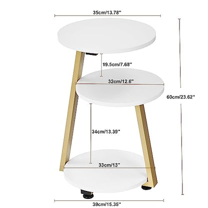 BEWISHOME Round End Table Side Table, White Gold, KTZ41M | Metal Frame, 3-Tier Shelves, Accent Bedside Table Nightstand, Small Couch Table - color: White, size: without PowerOutlet