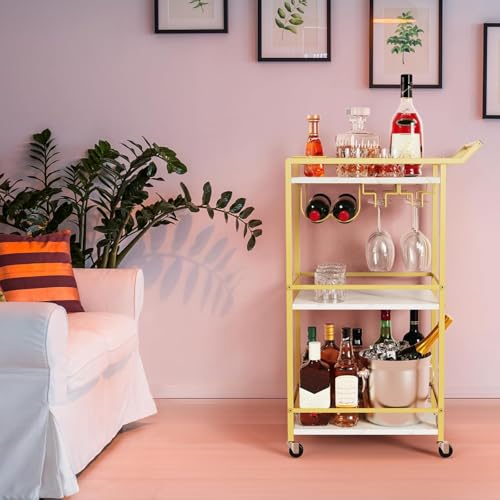 3 Tier Bar Cart Mini Liquor Utility Cart for Wine Beverage Dinner Party | Rolling Wine Coffee Drink Serving Cart with Lockable Wheels for Home Kitchen Bars (Gold) - color: Gold - 11.8"d X 20.8"w X 35.4"h