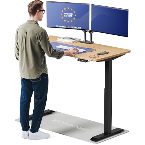 Desktronic HomeOne Standing Desk 54x28 — Ergonomic Sit Stand Home Office Desk, Made in Europe, Electric Dual Motor Height Adjustable, USB & USB-C Charging, Wobble-Free, Touchscreen, 3 Memory Presets - color: Black + Oak, size: 54 x 28 in