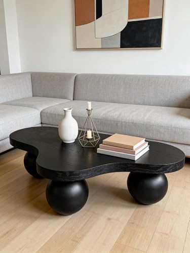 46" Cloud Coffee Table with 3 Ball Legs, Modern Irregular Center Table for Living Room, Low Cute Small MDF Tea Table for Bedroom, Space Apartment, Black - color: Cloud-46" Black