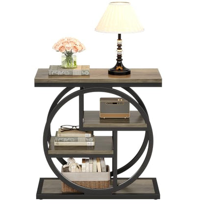 Tribesigns End Table for Living Room, 4-Tier Narrow Side Table with Storage Shelves, Industrial Bedside Table for Bedroom, Wood Small Sofa Side Table with Geometric Metal Frame (1 PC, Grey) - color: Grey