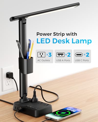 LED Desk Lamp with Power Strip, 3 AC Outlets & 4 USB Ports (2 USB-C), Stepless Dimming & 2800K-6500K Eye-Caring Desk Light, Foldable Table Lamp for Home Office, Dorm Room Essentials(10FT) - color: Black,10FT