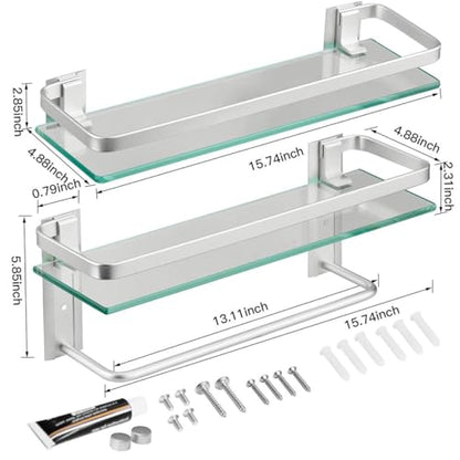 VOLPONE Glass Bathroom Shelf 15.7in Bathroom Shelf Wall Mounted Floating Glass Shelves with Towel Holder Glass Shelf for Bathroom 2 Tier (Sliver) - style: 2 tier with towel bar silver