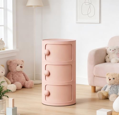 3 Tier Round Nightstand with Drawers, Plastic Pink Nightstand Modern Round Bedside Table with Handles and Sliding Door for Bedroom, Living Room - color: Pink