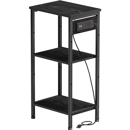 Asgolion Tall Nightstand with Charging Station, 3 Tier Narrow Tall End Table with Storage, Slim Side Table with USB Ports and Outlets for Bedroom, Living Room, Office, Black - color: Black, size: 14.8"D x 11"W x 30"H