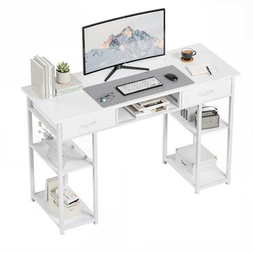 OLIXIS Desk with Storage, Computer Desk, Fabric Drawers | Home Office Work Table, Study Gaming Writing Table, Bedroom Small Space, White - color: White, size: 48 in