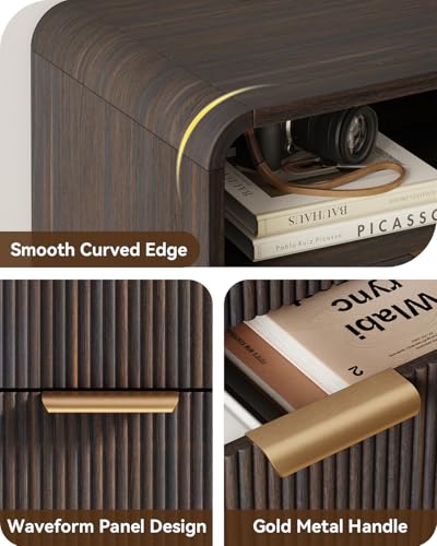 24" Fluted Nightstand Set of 2 with Charging Station, Bedside Table with Metal Handle, NightStand with 2 Drawer and Shelf, End Table for Bedroom, Curved Profile, Black Walnut - color: Black Walnut-2 Drawers, size: 2 Drawers
