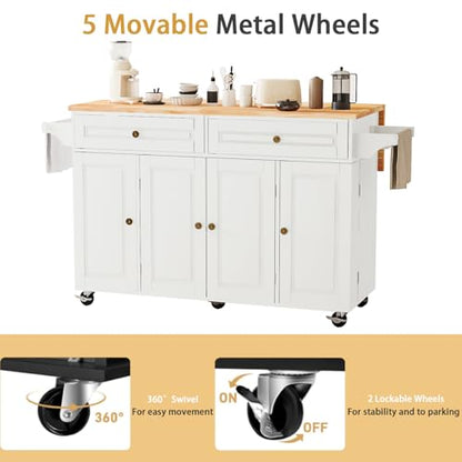 Kitchen Island Cart with Storage on Wheels, 59" Large Rolling Kitchen Island with Drop Leaf, Mobile Island for Kitchen with Towel Rack, Drawers for Dining Room, White - size: 59.3" W, style: White