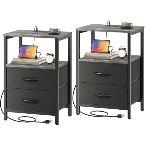 Huuger Nightstands Set of 2, End Tables with Charging Station, Side Tables with Fabric Drawers, Bedside Tables with USB Ports and Outlets, Night Stands for Bedroom, Charcoal Gray - color: Charcoal Gray and Black, size: 11.8"d X 15.7"w X 23.6"h (2 Drawers)