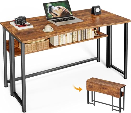 Huuger Folding Desk with Storage Shelf, 39.3 Inch Foldable Computer Table for Small Spaces, Space Saving Sofa Table for Couch, Writing Work Office Computer Desk, Easy to Fold, Rustic Brown - color: Rustic Brown, size: 18.5"D x 39.4"W