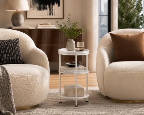 Small Round Side Table with Tray Top (Patented Design), 11.8" Narrow End Table for Small Spaces, 3-Tier Modern White Nightstand, Original Accent Furniture for Living Room Bedroom (Classic, White) - color: White, style: Classic