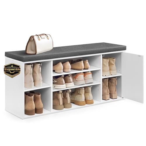 SONGMICS HOME Storage Bench, Snapsemble Superfast Assembly, 41" Wide Entryway Shoe Cubby Bench with Cushion & Adjustable Shelves, Window Shoe Rack Cabinet, Snow White and Slate Gray ULHS391WE02S - color: Snow White + Slate Gray, style: 12"D x 40.9"W x 18.