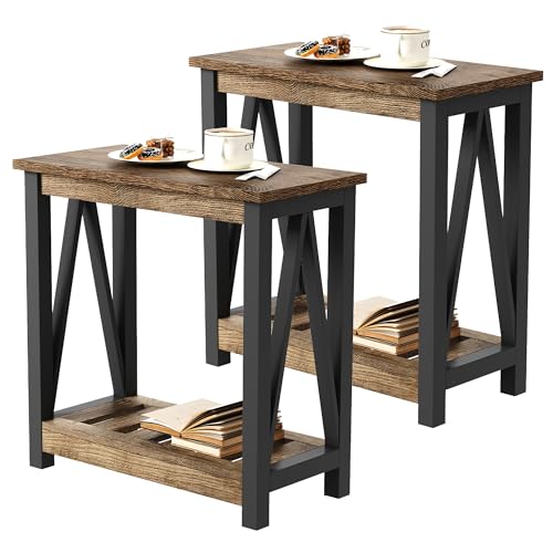 ChooChoo Farmhouse End Table Set of 2, Rustic Vintage Narrow End Side Table with Storage Shelf for Small Spaces for Living Room, Bedroom Rustic Oak & Black - color: Rustic Oak & Black, size: 2 Pack