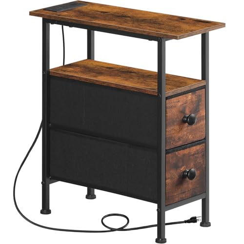 HOOBRO End Table with Charging Station, Narrow Side Table with 2 Fabric Drawers, Skinny Nightstand with Storage, Slim Bedside Table for Living Room, Small Spaces, Rustic Brown and Black BF487UBZ01 - color: Rustic Brown + Black, size: 7.8"L x 18.9"W x 23.6