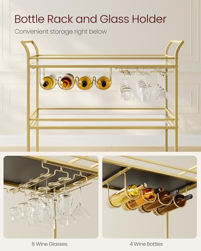 VASAGLE Bar Cart Gold, Large Home Bar Serving Cart with 3-Tier Mirrored Shelf, Wine Holders, Glass Holders, Kitchen, 15 x 33.9 x 35.4 Inches, Gold ULRC083A02 - color: Gold, size: 15"D x 33.9"W x 35.4"H