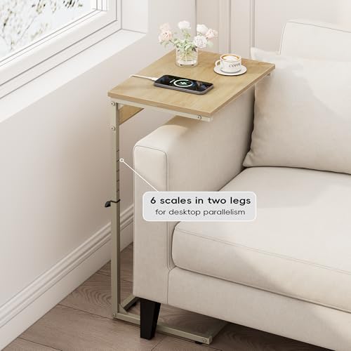Vagusicc C Shaped End Table with Charging Station, Adjustable Height Side Table for Couch, Small Side Table, 33.2'' Tall Couch Tables that Slide Under, Tv Tray End Table for Living Room, Natural - color: Natural (1 Pack), style: With Plug