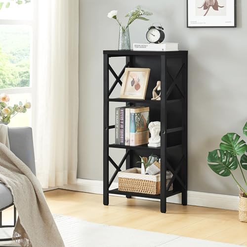 MNEETRUNG Small Bookshelf,4 Tier Industrial Bookcase with Metal Frame and Backboard,Narrow Black Book Shelf,Office Book case for Small Spaces,Living Room,Bedroom and Home Office - color: Black, size: 4-Tier (15.7"W x 11"D x 39.5"H)