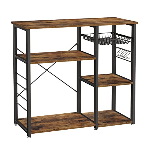 VASAGLE Baker's Rack, Coffee Bar Stand with Charging Station, 33 Inches Tall, Storage Shelves, Pull-Out Wire Basket, Table for Microwave, Kitchen, Rustic Brown and Ink Black UKKS90X - color: Rustic Brown + Ink Black, style: No Power Outlet