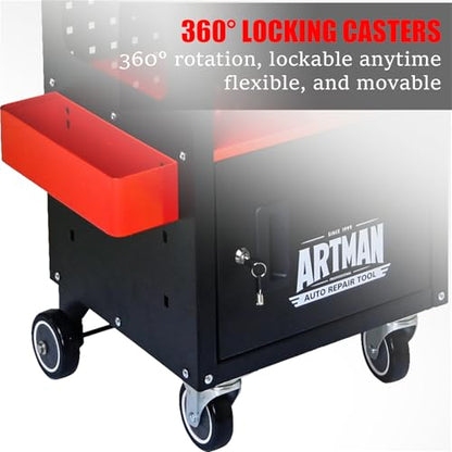 4-Level Multi Purpose Tool Trolley Cart with Cabinet & Locking Caster | Mechanic workshop service utility cart, full 360° locking wheels, storage chest organizer for garage repair use