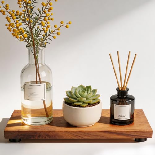 Teak Wood Decorative Small Tray, Bathroom Wood Riser for Decor, Kitchen Counter Wooden Pedestal Stand, Tray for Vanity, Sink & Soap (1, Teak Wood, 12.6" x 4.9" x 1") - size: 12.6" x 4.9" x 1"