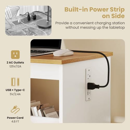 Giantex Folding Sewing Table with Charging Station, Storage Trays & Shelf | Rolling Craft Table with Lockable Wheels, Foldable Sewing Machine Cabinet Desk for Small Spaces, Dorms, White & Natural - color: White & Natural