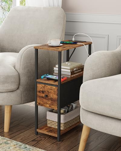 TUTOTAK Set of 2 Small Narrow End Table with Charging Station, Side Table with Outlets, Nightstand with Cloth Drawer, Couch Table, for Living Room, Bedroom, Bedside, Brown TB01BB058 - color: Brown, style: 1 Drawer & Plug