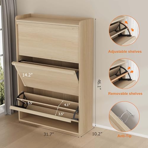 Garvee Shoe Cabinet with 3 Flip Drawers, Hidden Wood Shoe Cabinet,Freestanding Shoe Storage Cabinet with Adjustable Shelf for Entryway Hallwa, Living Room, Living Room, Natural Oak - color: Natural Oak