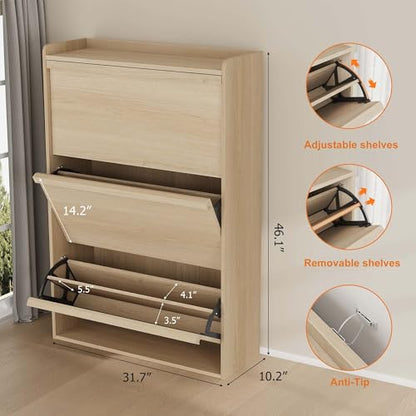 Garvee Shoe Cabinet with 3 Flip Drawers, Hidden Wood Shoe Cabinet,Freestanding Shoe Storage Cabinet with Adjustable Shelf for Entryway Hallwa, Living Room, Living Room, Natural Oak - color: Natural Oak