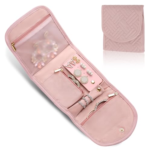 Travel Jewelry Organizer Roll – Foldable Jewelry Storage Bag for Rings, Necklaces, Earrings & Bracelets, Portable Mini Soft Pink Travel Jewelry Case for Women