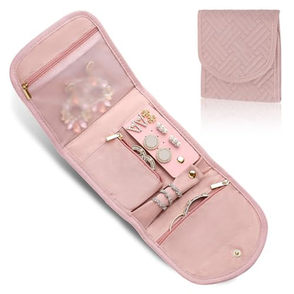 Travel Jewelry Organizer Roll – Foldable Jewelry Storage Bag for Rings, Necklaces, Earrings & Bracelets, Portable Mini Soft Pink Travel Jewelry Case for Women