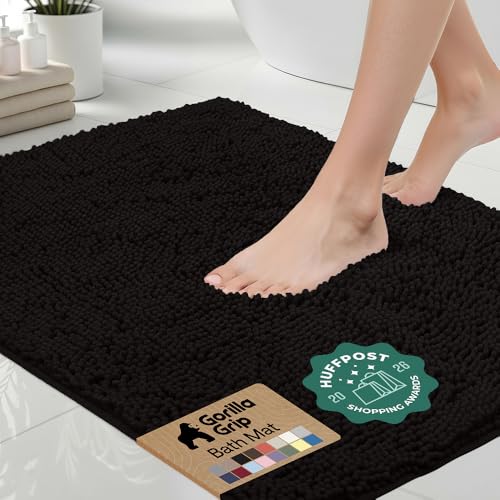GORILLA GRIP Bath Rug Mat, Thick Soft Absorbent Chenille, Quick Dry Microfiber Mats, Rubber Backing Washable Shower Floor Rugs, US Designed Bathroom Bathmat Home Decor Accessories, 24x17, Black - color: Black, size: 24" X 17"