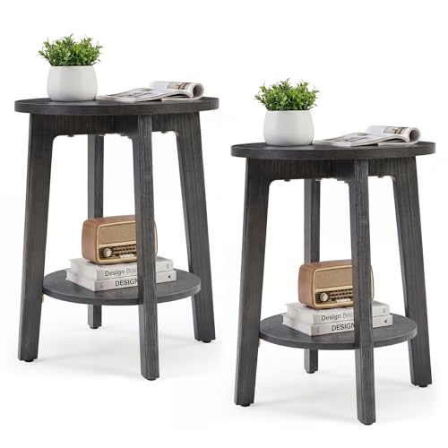 DUMOS Small Round Side Tables Set of 2 for Small Spaces, 2-Tier Boho End Table with Storage Shelf, Sturdy Bedside Nightstand with Non-Slip Pads for Living Room, Light Grey - color: Light Grey, size: 2 Pack