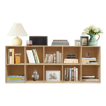 Wooden 10 Cube Shelf Bookcase, Floorstanding Bookshelf with Open Compartments & Back Panel 59.06x11.81x23.62 Inch, Solid Wood Cube Storage Organizer for Living Room, Bedroom, Home Office - size: 10 Cube
